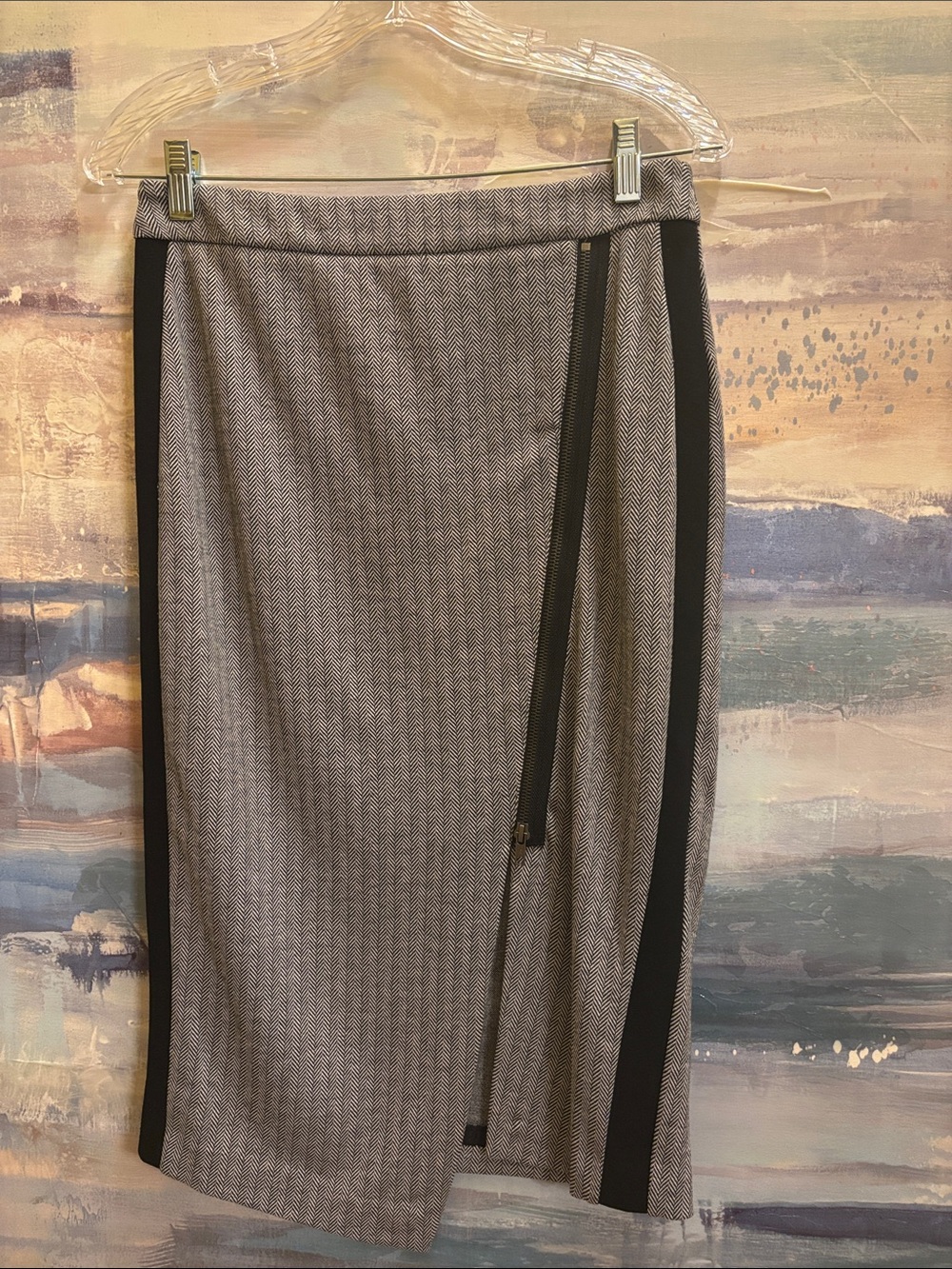 Worthington Gray Asymmetrical Herringbone Pencil Skirt with Black Panels